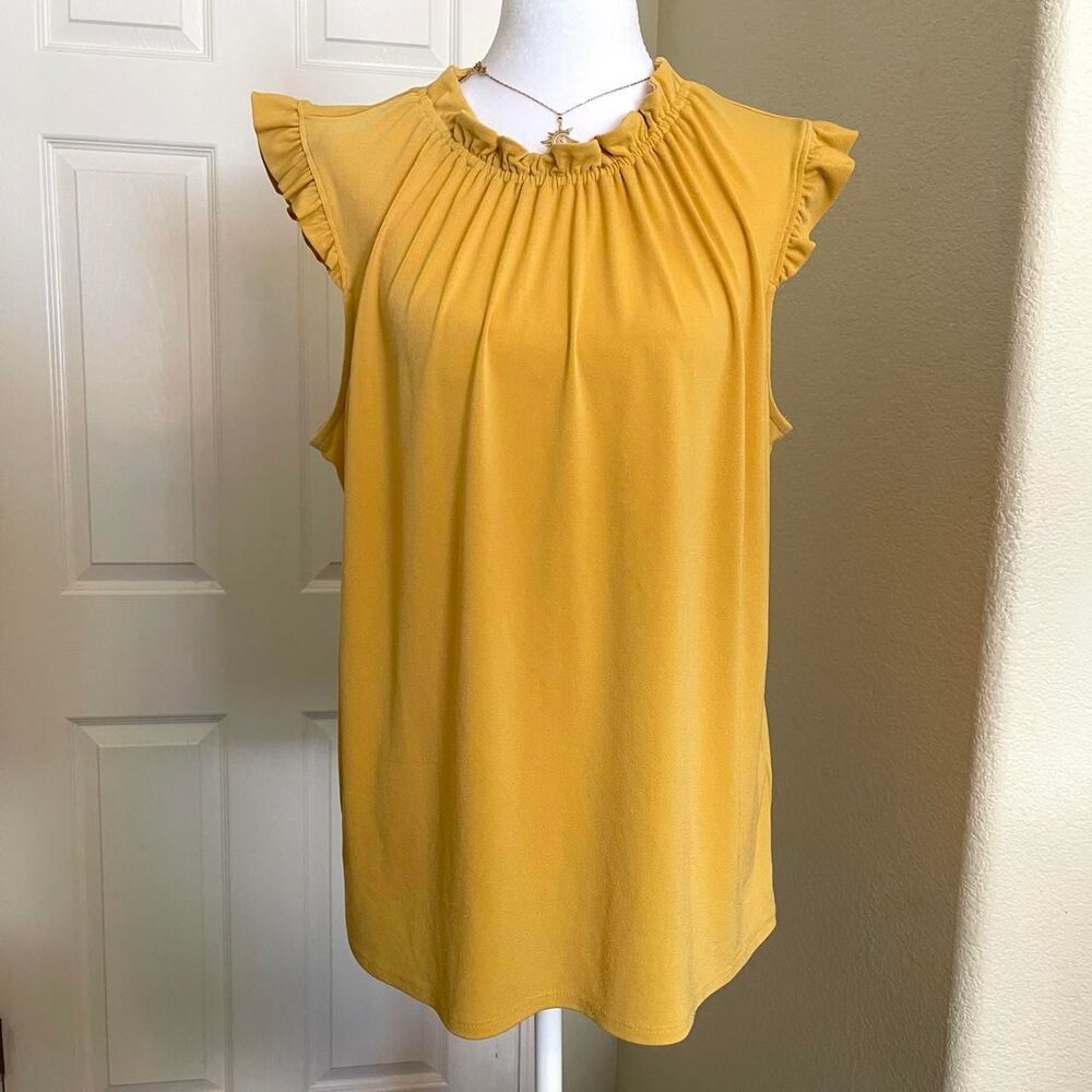 Mustard yellow peasant Cottagecore blouse with high ruffled neck - size large